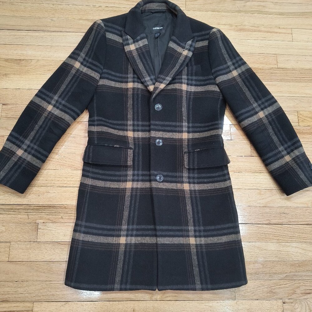 Express Black and Tan Plaid Wool Blend Trench Coat - Small - MINT